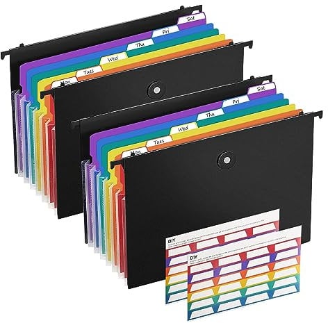 Suspension File Folders, 2pcs Filing Cabinet Suspension Files, 7 Pockets Accordian Dividers Folder Multi-Color Lables, Large Capacity Suspension Files for School Home Work Office