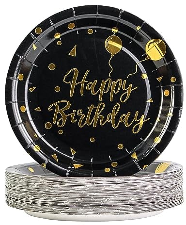 50Pack Happy Birthday Party Paper Plates,7 inch Black and Gold Paper Plates Disposable Dessert Plates Small Tableware for Birthday Decorations Wedding Pininc Baby Shower Party Supplies Serves 50