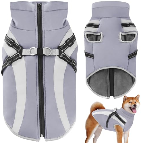 Oslueidy Wasserdichter Hundemäntelmit Geschirr Winter Warme Hundejacke Winddichte Haustier Kleidung Schneeanzug Hundejacken für Kleine Mittlere Große Hunde