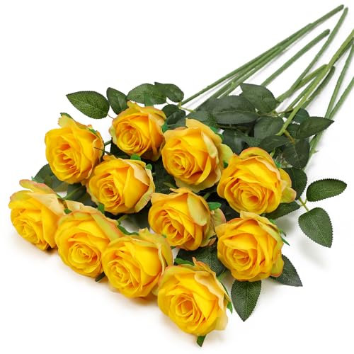Tifuly Yellow Fake Roses Artificial Flowers - 10 Pcs Fake Artificial Yellow Roses Silk Flowers with Stems for Home Wedding Hotel Office Centerpiece Decor