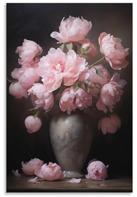 Tischvase Blumen Leinwand Wandkunst für Schlafzimmer Flasche Rosa Pfingstrose Wanddekoration Poster für Zimmer Ästhetisch