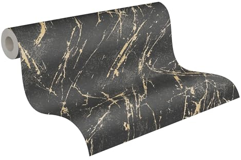 A.S. Création Vliestapete 10,05 m x 0,53 m - Putzoptik mit goldenen Details Schwarz, Gold, Metallic - Metallic Tapete Made in Germany - 393362