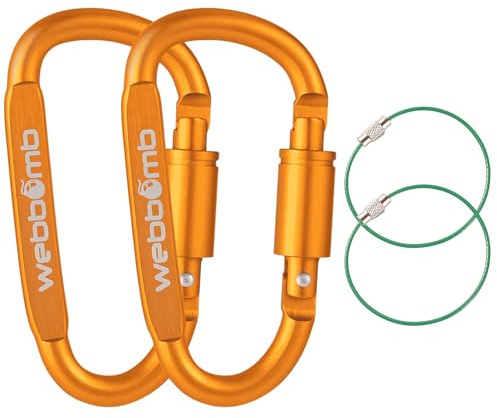 WEBBOMB® 2X Karabiner Haken mit Schraubverschluss 8cm Schraubkarabiner + 2X Drahtseil Schlüsselringe Karabinerhaken für Camping Wandern Sport Schlüsselanhänger