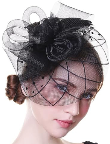 Jovono 20er Jahre Blume Spitze Stirnband weißer Schleier Fascinator Hut Braut Cocktail Tee Party Kopfschmuck für Frauen (Schwarz)