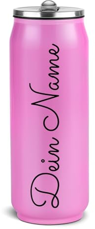 PR Print Royal Edelstahl-Trinkflasche personalisiert mit Name - Cola-Dosen-Optik, Geschenk für Freunde und Familie | Doppelwandig, Klappbares Mundstück mit Trinkhalm, Pink, ca. 420 ml