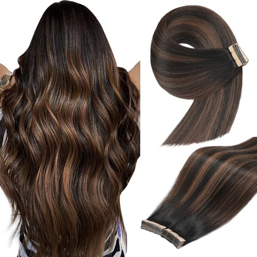 YDDM Haarverlängerung, Echthaar, 20 Stück, 35 cm, 40 g, natürliches Schwarz, gemischt mit Braun, Klebeband, Ombre, Naturhaar, selbstklebend, Extensions, Klebeband, 35 cm, 1B/1B/6#)