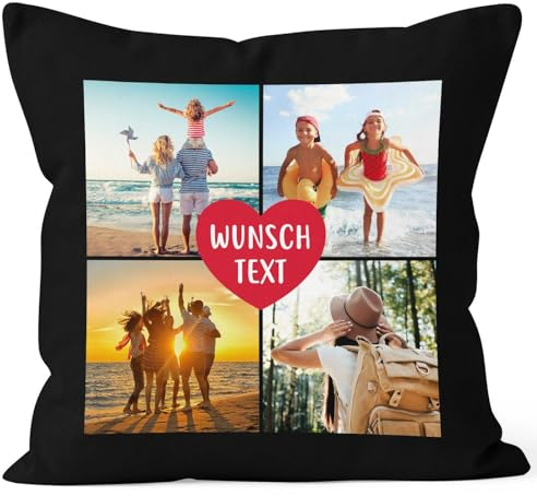 SpecialMe® Kissen-Bezug mit Foto-Collage 4 eigene Bilder und Wunschtext persönliche Geschenkidee personalisierbar Baumwolle schwarz Standard