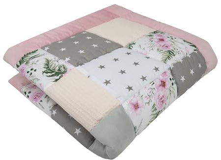 Medi Partners Krabbeldecke für Baby Spielmatte 100% Baumwolle Krabbelmatte - 120x120cm Krabbeldeck Dick Weich Decke Laufgittereinlage Babydecke Minky Waffel Spielbogen (Rosa Blumen)