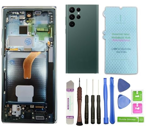 Écran LCD de rechange d'origine pour Samsung Galaxy S22 Ultra 5G S908E S908E/DS S908U S908W S908B/DS 6,8 + cadre vert + coque arrière verte + film protecteur + outils d'assemblage d'écran tactile R