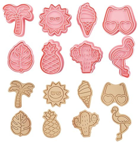 Lot de 8 emporte-pièces 3D à piston pour biscuits tropicaux hawaïens, ananas, palmiers, biscuits, fondants pour fête, loisirs créatifs (plage)