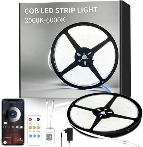Yeewhale 20M Dimmable COB LED Strip 24 V Flexible COB led streifen Set,6000K Weiß Bright Under-Unit Light for Home Party DIY Decoration,App Steuerung mit Fernbedienung