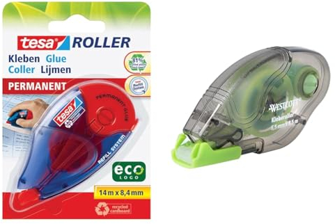 tesa Roller Kleben Permanent ecoLogo & Westcott Kleberoller permanent klebend | transparent & reißfest | starke Haftkraft für Foto, Papier oder Karton | 8,5m x 6,5mm Kleberolle | E-730501 00