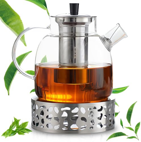 1,5L Teekanne mit Stövchen, Glas Teebereiter mit Abnehmbarem Siebeinsatz, Tee Kanne Set aus Borosilikatglas für Losen Tee, Teebeutel und Alle Teesorten
