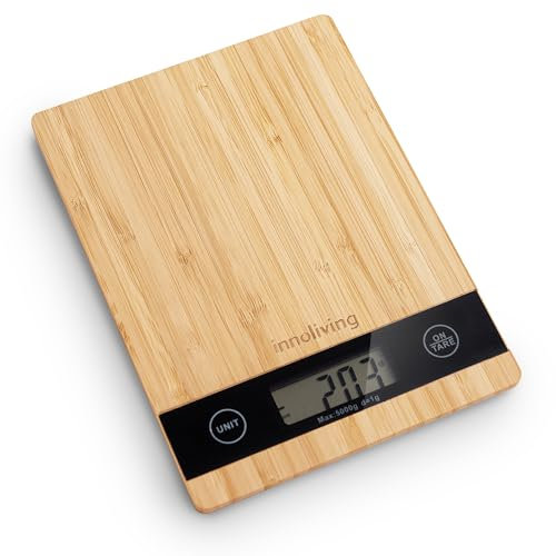 Innoliving Bilancia Digitale da Cucina in Bambu con Tagliere 2-in-1 e Design Elegante, Alta Precisione, Funzione Tara, Display LCD, Piattaforma Ampia (Rettangolare Piccola)
