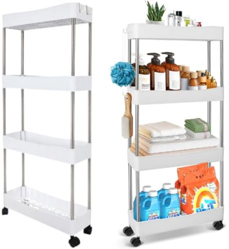 ZUNOVI Carrito Auxiliar con Ruedas de 4 Niveles | Estantería Multifuncional para Baño, Cocina y Hogar | Organizador Móvil con Ganchos y Ruedas Giratorias 360° | Carro de Almacenamiento rodante