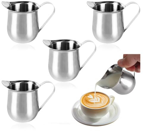Bieiyhe 4 Piezas Jarra Para Leche Mini 90ml,Jarra Leche Barista con Asa,Jarra de Leche Acero Inoxidable,Jarra para Espuma Mano,Jarra Leche Cafetera,Taza de Café para Espumar,Jarra Cafe para Capuchino