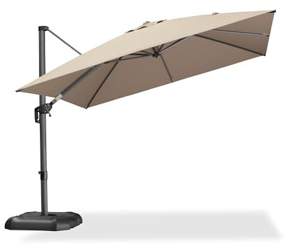 PURPLE LEAF Sonnenschirm 300 x 300 cm, Aluminium Ampelschirm mit Kurbel, Gartenschirm mit Kreuzsockel, 360° Rotation, UV-Schutz, für Terrasse, Balkon, Taupe