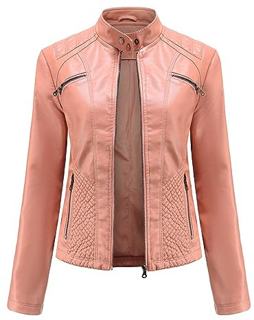 WOXIHUAN Giacca Corta da Donna in Pelle PU Giacca Manica Lunga Zip Moto Giubbotto Cappotti Casual Biker Giacca Jacket Outwear Rosa XL