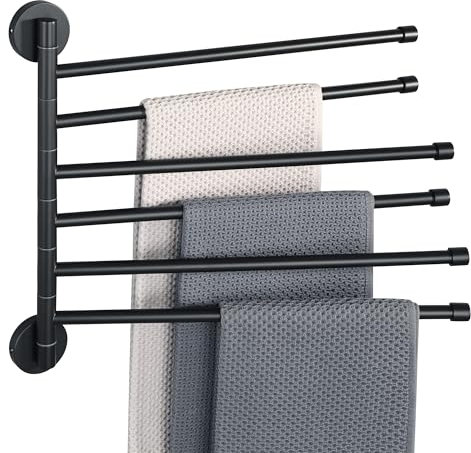 Mooche Schwenkbar 6 Armig Handtuchhalter, 32.2cm 304 Edelstahl Rund Handtuchstange zum Bohren mit Verdeckten Schrauben für Bad Küche und Garderobe, Schwarz