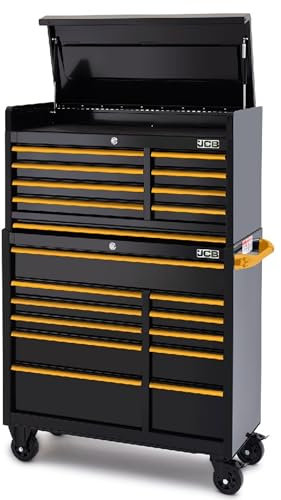 JCB Classic Design 42’’ 11 Roller Cabinet and 8 Drawer Top Tool Chest Stack, 19-Drawer Tool Storage System, Mobile Workstation