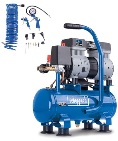 Scheppach HC08Si Ultra Silent Kompressor klein inkl. 14-tlg Zubehörset | 8bar Arbeitsdruck | 6L Kessel | 1,5PS / 1100W | ölfrei & wartungsarm | Ansaugleistung 162 L/min | Leise Kompressor 67,4 db(A)