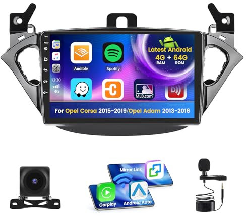 Inefala 4+64G Autoradio per Opel Corsa 2015-2019/Opel Adam 2013-2016 Android 15 con Wireless CarPlay Android Auto, 9'' Schermo per Auto con Bluetooth WIFI GPS FM/RDS 32EQ SWC AHD Telecamera Posteriore