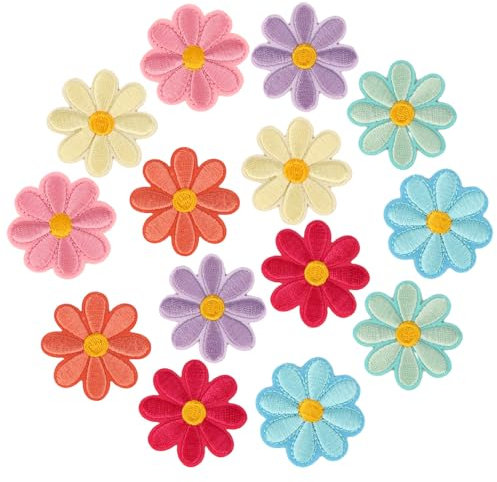 BOXOB 14pcs Cute Flower Iron on Patches, Daisy Sew on Embroidered Appliques Floral Embroidery Sewing Patches Decorations for DIY Bags Clothes Jackets Jeans Backpack Hats Crafts, 7 Colors