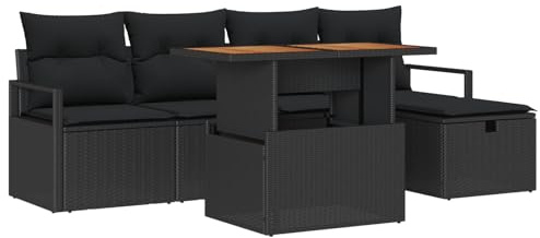 vidaXL Garten-Sofa-Set 6 pcs Schwarz Poly-Rattan, Garten und Terrasse, rechteckige Lounge-Gruppe, modernes Sofa, haltbare Couch, gemütliche Sitzgelegenheit