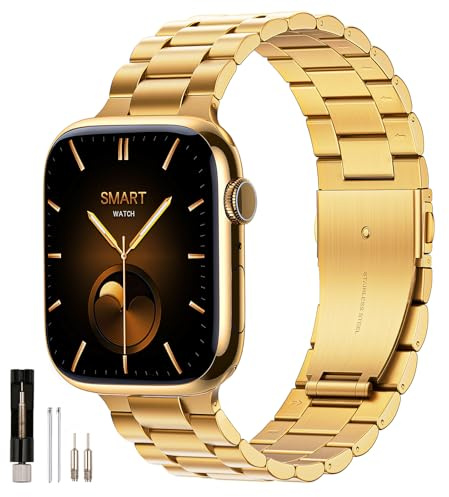 QAZNZ Métal Bracelet Compatible avec Apple Watch 42mm(Series 11 10) 40mm 41mm 38mm, Bracelet iWatch en Acier INOX pour Apple Watch Series 11 10 9 8 7 6 5 4 3 2 1 SE 3/2/1,Homme Femme(Doré)
