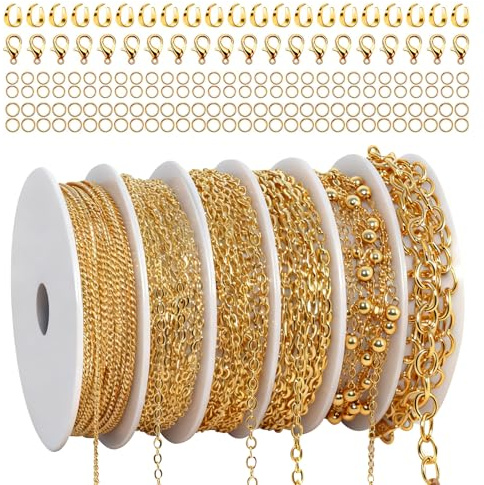 Lahnaokfis 14 m 6 Rollen Gliederkette Gold, Schmuckkette Gliederkette Meterware, Schmuckketten zum Basteln, Halskettenketten Zubehör mit Karabinerverschlüssen und U Ringen für DIY Herstellung
