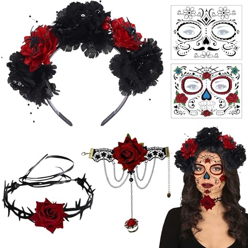 PYSEOSISE Halloween Jour des Morts Bandeau, Serre-Tête Dia De Los Muertos, Bandeau Halloween Serre Tete Fleur Mexicaine avec Roses Colliers Bracelets et Tatouages Faciaux pour Femme