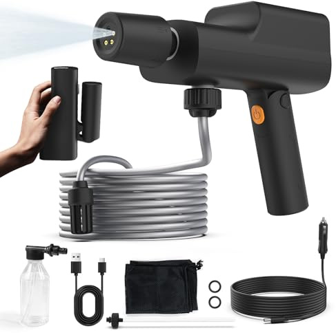 ABLEMARK Nettoyeur haute pression pliable sans fil avec batterie et chargeur de voiture, pistolet de nettoyeur haute pression portable 249 psi, tuyau de 5 m et buse 5 en 1 nettoyeur haute pression