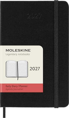 Moleskine Tageskalender 2027, 12-Monats-Planer mit Hardcover, Elastischer Verschluss, Format Pocket 9x14 Cm, Farbe Schwarz