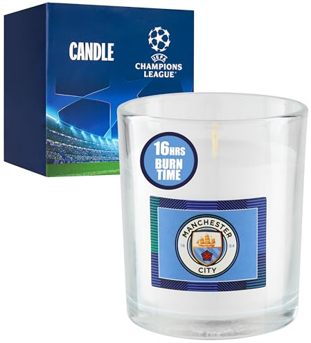 Manchester City FC Kerze im Glas Männer Teenagers, Unparfümiert Deko Kerze mit Vereinslogo, 16 Stunden Kerzen Lange Brenndauer, Champions League Geschenkidee