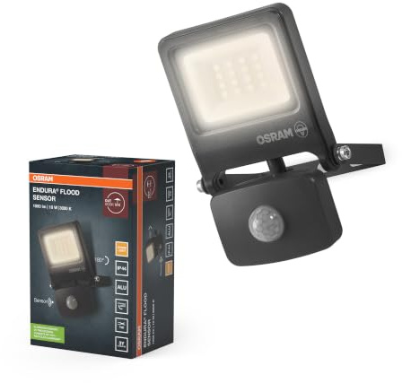 Osram ENDURA Flood Sensor Außenstrahler 10W 3000K Grau IP65 | ENDURA® Flood Sensor Warm White PCR, Stand Luminaire and Ceiling Floodlight, Dunkelgrau, 30000 h, 1-Pack