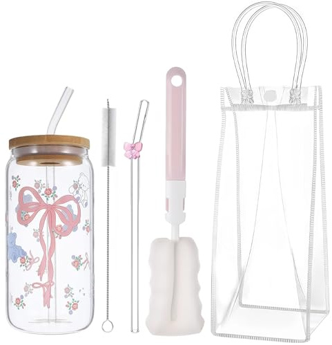5 Pcs Glass Cups with Lids and Straws, Iced Coffee Cup Cute Glass Cup | Glass Tumbler with Straw and Lid, Bow Cup with Cleaning Brushes for Gifting to Family Friends Colleagues and Classmates