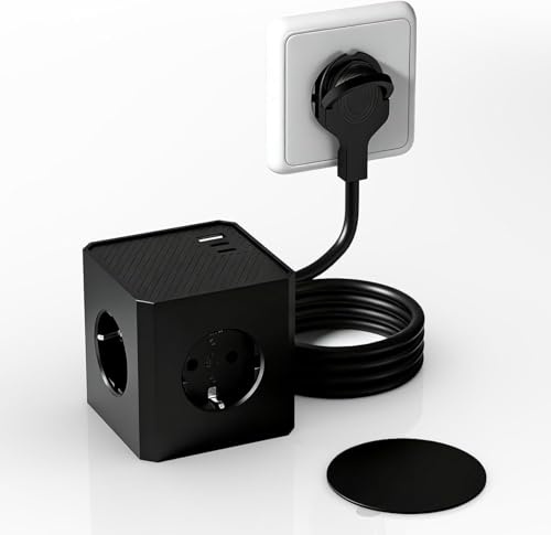 Treibo Steckdosenwürfel mit 2 PD20W USB-C und Flachstecker, Schwarz | Magnetisch, Schnelllade, 1,5M Kabel, Mehrfachsteckdose, Für Büro Hause Reisen