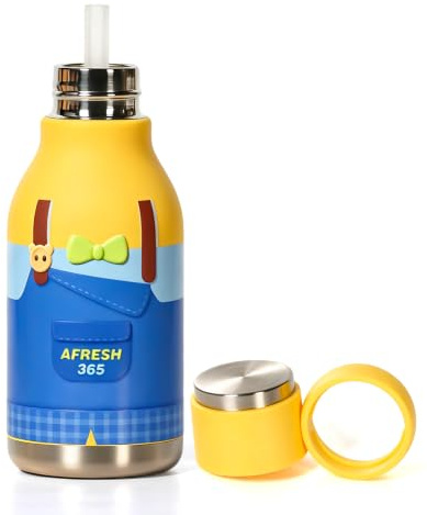 pluseight Kids Insulated Water Bottle with Straw, 450ml/15oz BPA-Free Double Wall Vacuum Tumbler 18/8 Stainless Steel Leak Proof Kids Cups for School Travel Boys Girls (Overalls)