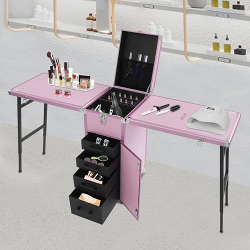 HINOPY Maniküre Tisch Nageltisch, Maniküretisch aus Aluminiumlegierung, Faltbar Mobiler Kosmetikkoffer mit 4 Schubladen, Tragbarer Nageltisch für Nagelstudio Mobile Einsätze, bis 100 kg (Rosa)