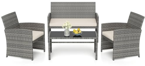GIANTEX 4-teiliges Gartenmöbel Set, Outdoor Rattan Balkonmöbel mit gehärtetem Glas-Couchtisch, 2-Sitzer Sofa, 2 Einzelsesseln, Kissen, Balkon Sofa für Terrasse, Balkon, Garten (Grau+Weiß)