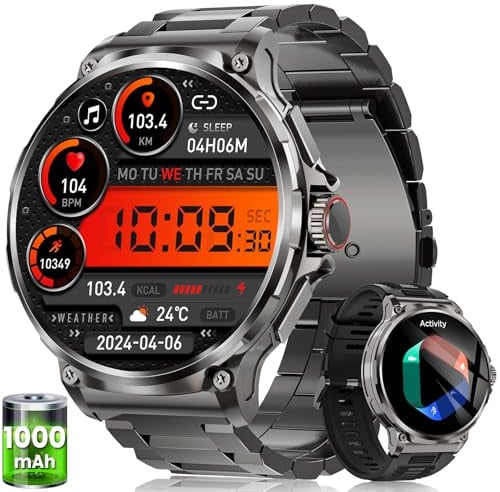 Montre Connectée Homme avec 1000 mAh Batterie, 1,92 AMOLED, 5ATM Étanche Militaire Smartwatch Homme, 120+ Modes Sportifs, Appel Bluetooth, 24/7 Fréquence Cardiaque/Sommeil/Podomètre Android iOS
