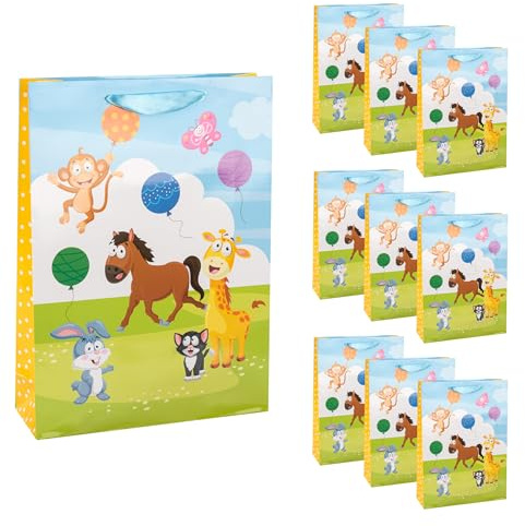 Idena 90549 - Geschenktüten Tiere, 10 Stück, Geschenktaschen in der Größe 25 x 34,5 x 8,5 cm, Papiertüten mit buntem Tier-Motiv