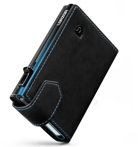 LORZOR Kartenetui mit Magnetischer Verschluss, Slim Wallet mit Münzfach, Geldbörse Herren RFID Schutz, Portmonee Herren Portemonnaie für 10 Karten, Smart Wallet, Geldbeutel (Blau-Schwarz)