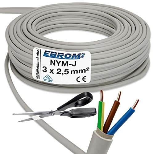 EBROM NYM-J 3x2,5 mm² - Mantelleitung - Installationskabel - Feuchtraumkabel - grau - Auswahl in 5 Meter Schritten, Meterware auf den Meter genau - Ihre Auswahl: NYM-J 3x2,5 mm2, Länge: 130 m