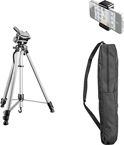 Walimex pro WT-3530 Basic-Stativ 146 cm silberfarben, Dreibein Fotostativ höhenverstellbar 56-146 cm, Kamerastativ mit Wasserwaage, 3D-Neiger und 65 mm Schnellwechselplatte