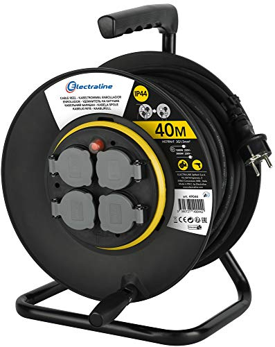 Electraline 49044, Kabeltrommel Professionel und Fester Platte, H07 RN-F 40 m Kabel-IP44 Outdoor/Kabelrolle mit 4 Schuko-Steckdosen, Schwarz, 40M 3G1.5