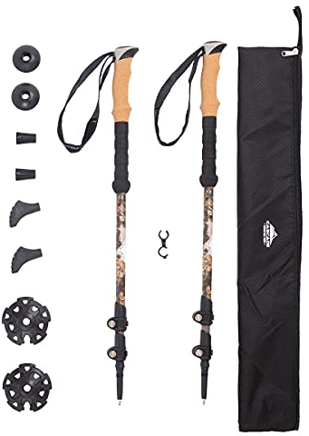 Cascade Mountain Tech Trekking Poles - Carbon Fiber Walking or Hiking Sticks with Quick Adjustable Locks (Set of 2), Cork Grip, Mossy Oak Elements Contour Pattern