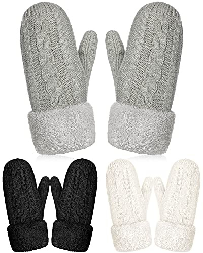 SATINIOR 3 Pairs Women Winter Mittens Gloves Warm Fleece Lining Mittens Cozy Thick Crochet Cable Knit Gloves Mitten Cold Weather Gloves for Women Girls, Black, White and Grey, about 10 x 3.9 inches