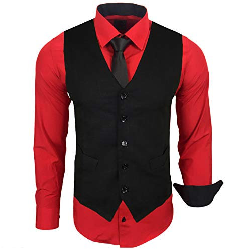 Baxboy Herren Hemd mit Weste Krawatte Anzugs Sakko Business Hochzeit Freizeit Hemden Frack Herrenweste Set wählbar B-44-HWKR, Farbe:Rot, Größe:XXL
