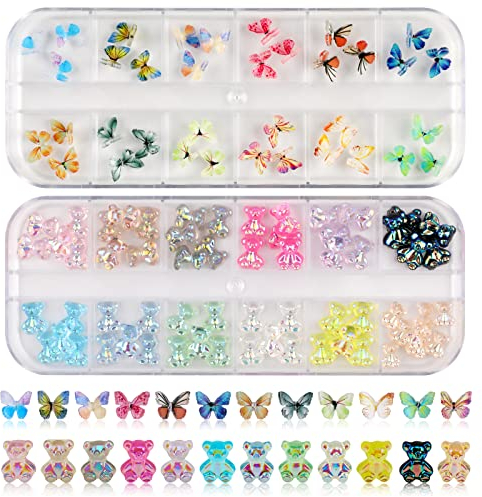 MWOOT 96 Stück 3D Schmetterling Nail Art Charms Harz Cartoon Bär Kit, Bunte Nagel Verzierungen Set für DIY Frauen Maniküre Schmuck Herstellung Ohrring Brosche Handyhülle Zubehör Dekoration